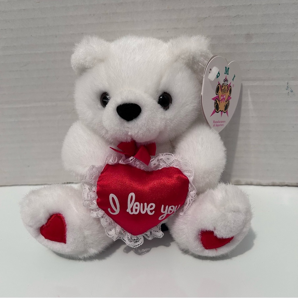 1998 White Valentine's Day Bear Holding Red Heart I Love You Plush 5-1/2” Tall